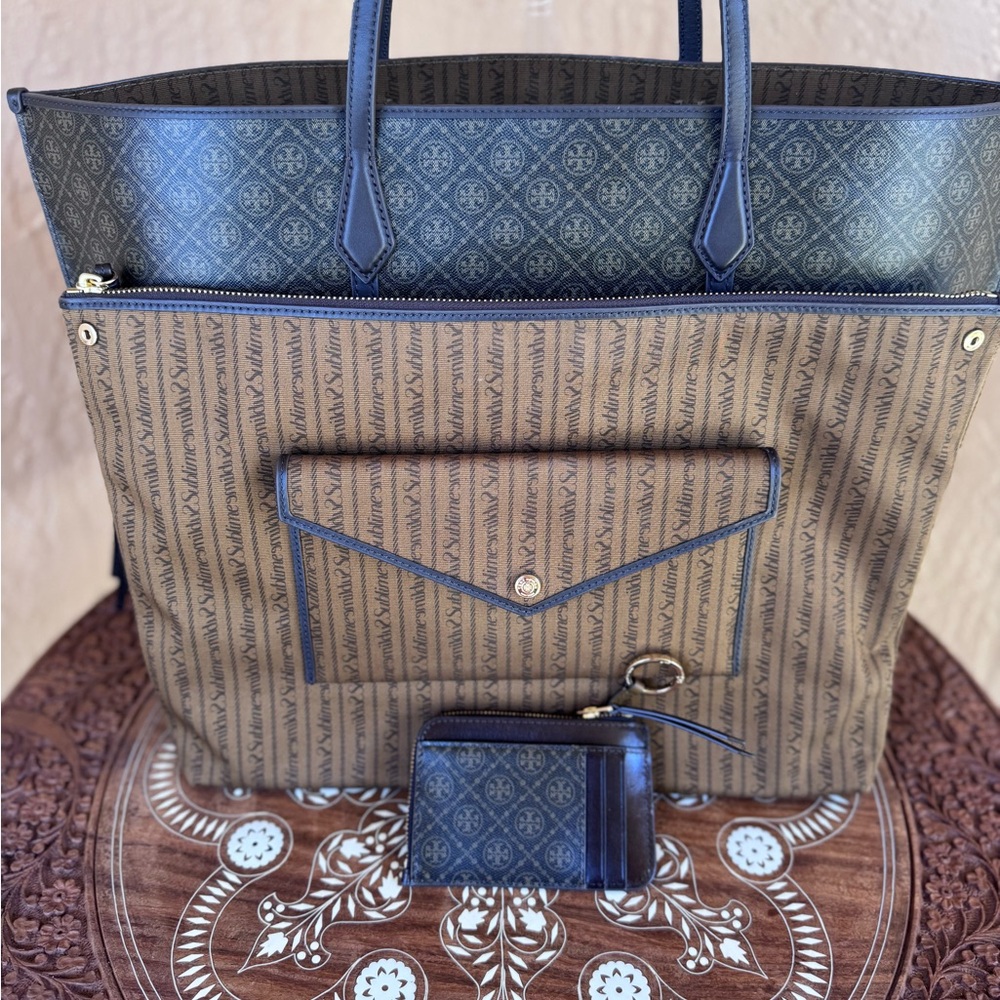 Tory Burch T Monogram Coated Canvas Bundle Perry Tote & Zip Cardholder Authentic - Picture 10 of 12
